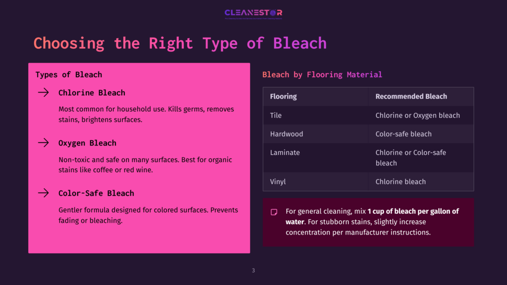 3 Choosing The Right Type Of Bleach Bright Pink And Purple Background With Text Outlining Different Types Of Bleach For Various Flooring Materials, Including Recommendations.