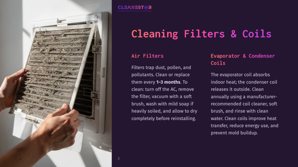 Close-Up Of Hands Holding A Very Dirty Air Conditioner Filter, Clogged With Dust And Debris, Ready For Cleaning. Text On The Right Discusses Cleaning Air Filters And Coils.