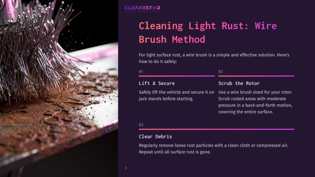 Close-Up Of A Wire Brush Cleaning Light Rust Off A Metal Surface, With The Text &Quot;Cleaning Light Rust: Wire Brush Method&Quot; Visible.
