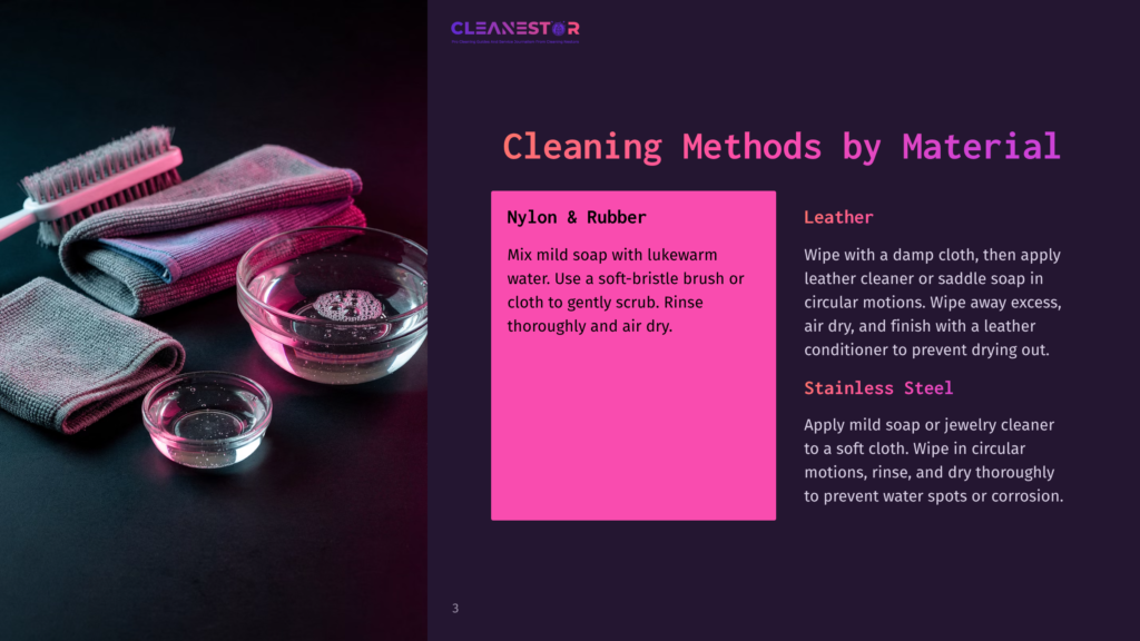 Cleaning Supplies Including A Soft Brush, Microfiber Cloths, And Bowls Of Water Are Arranged On A Dark Surface, With The Text &Quot;Cleanestor&Quot; And &Quot;Cleaning Methods By Material&Quot; Visible.
