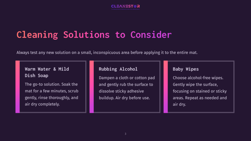 Three Colorful Boxes List Cleaning Solutions: Warm Water &Amp; Mild Dish Soap, Rubbing Alcohol, And Baby Wipes, With Usage Tips Below Each.