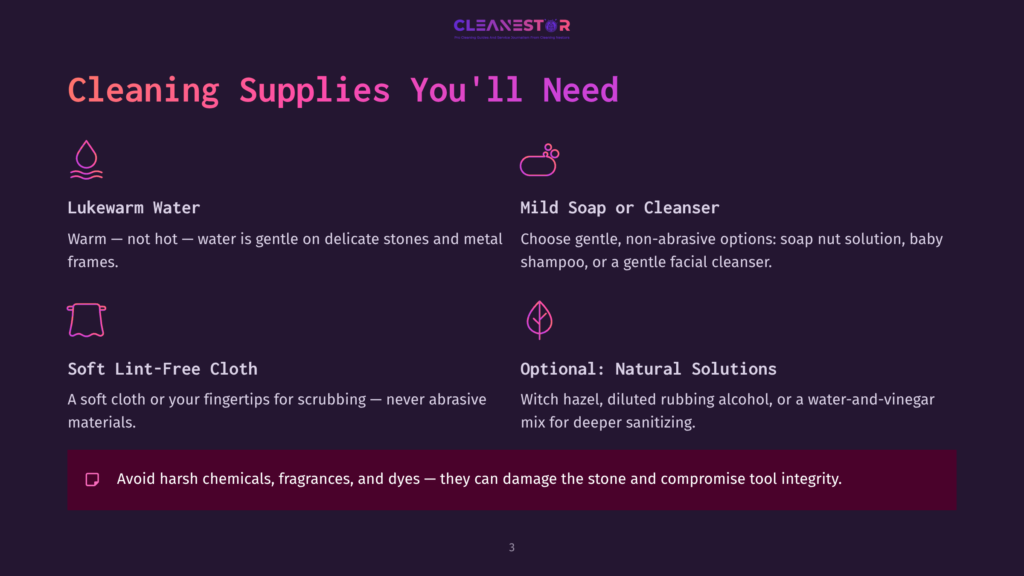 Illustration Listing Cleaning Supplies For Jade Rollers And Gua Sha, Including Lukewarm Water, Mild Soap, A Soft Cloth, And Optional Solutions.