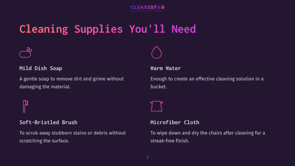 Infographic Listing Essential Cleaning Supplies: Mild Dish Soap, Warm Water, A Soft-Bristled Brush, And Microfiber Cloth, With Icons For Each Item.