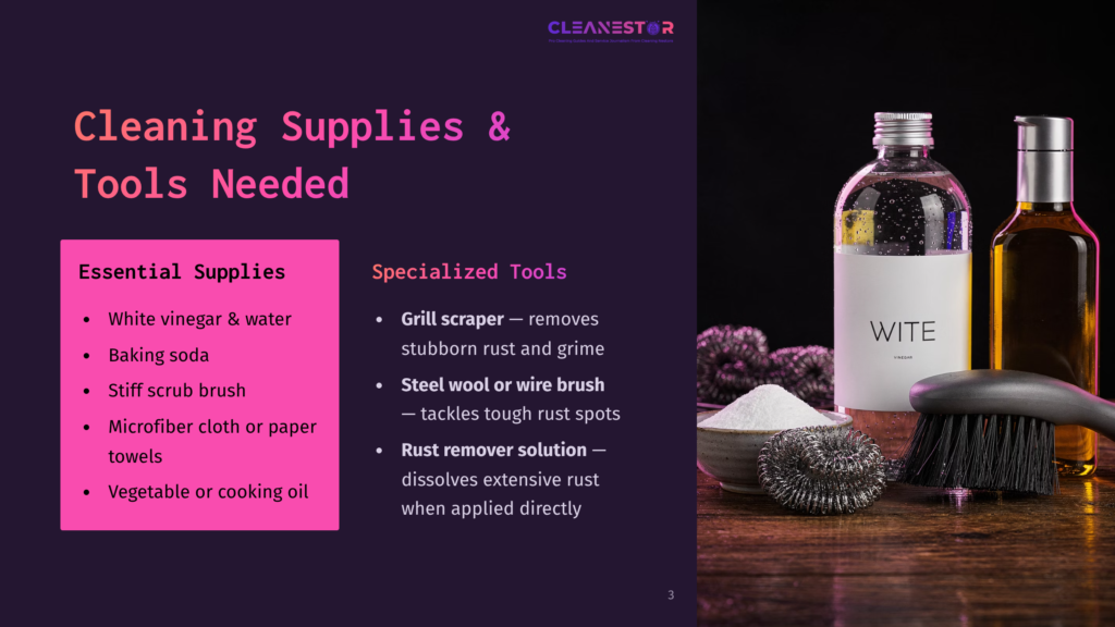 A Layout Showcasing Cleaning Supplies With Pink Headings. Includes Bottles Of Vinegar, Baking Soda, A Grill Scraper, And A Stiff Scrub Brush.