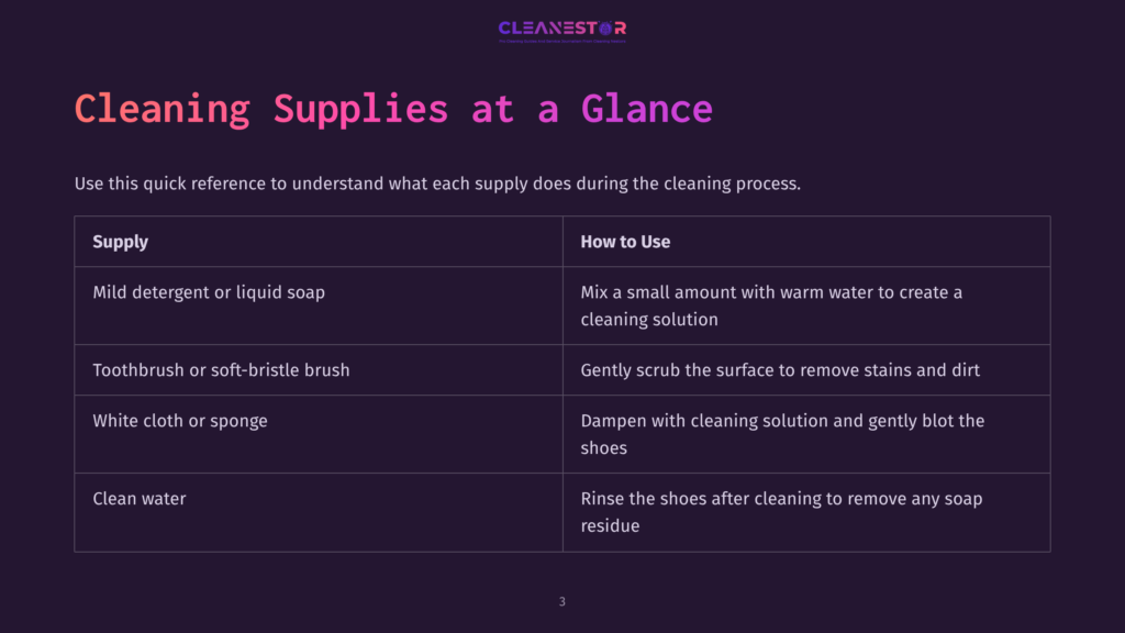 A Dark Purple Slide Titled &Quot;Cleaning Supplies At A Glance&Quot; Lists Cleaning Supplies Like Mild Detergent, Toothbrush, White Cloth, And Clean Water, With Instructions On How To Use Them.