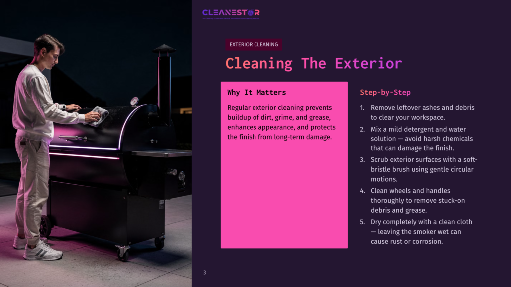 A Person Cleaning An Oklahoma Joe Smoker, With A Black Smoker On A Gray Surface, Tools In Hand, Under Soft Purple Lighting.
