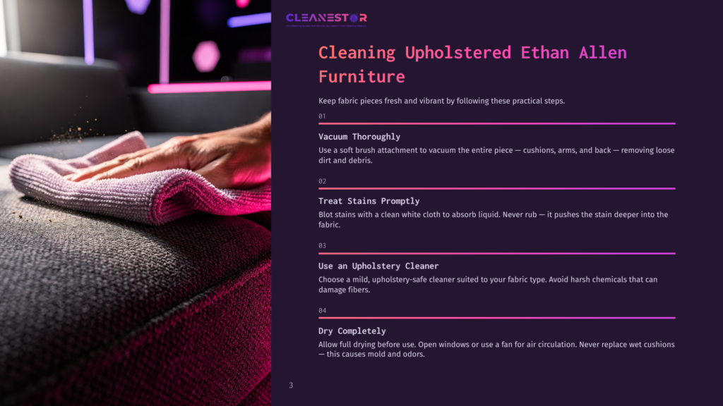 A Person Using A Brush To Clean A Purple Upholstered Cushion, Surrounded By A Softly Lit, Modern Environment With Decorative Elements.