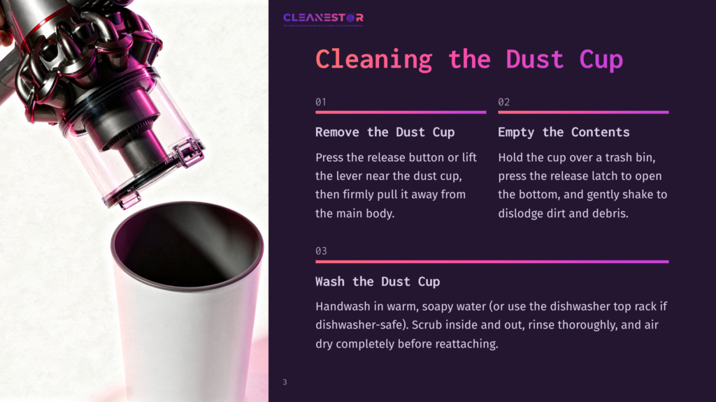 Cleaning The Dust Cup: Instructions For Removing, Emptying, And Washing A Dyson Vacuum Dust Cup. Includes Steps 01, 02, And 03 With Text.