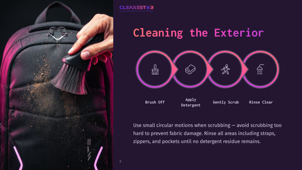 A Hand Using A Brush To Clean A Black Backpack, Alongside Purple Text With Cleaning Instructions And Icons For The Steps Involved.