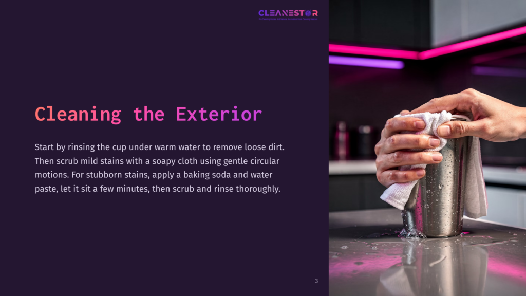 Close-Up Of Hands Cleaning A Stainless Steel Tumbler With A White Cloth, With A Modern Kitchen Counter And Neon Lighting In The Background. Text Overlay Reads &Quot;Cleanstar: The Smartest &Amp; Safest Home Cleaning Solution.