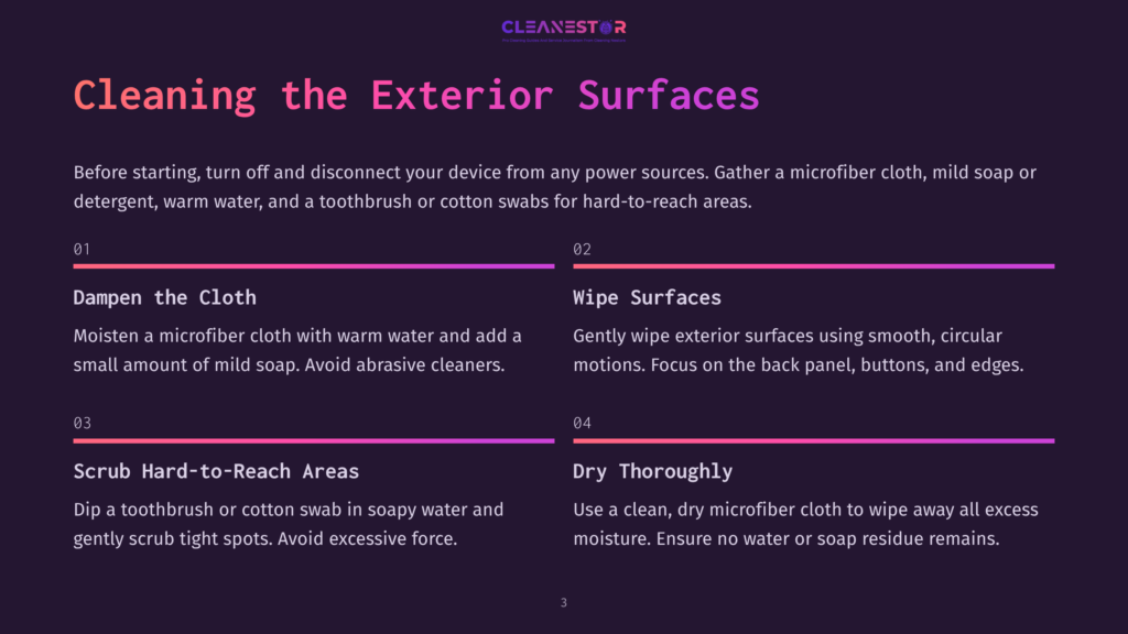 Infographic Titled &Quot;Cleaning The Exterior Surfaces&Quot; With Steps: Dampen The Cloth, Wipe Surfaces, Scrub Hard-To-Reach Areas, Dry Thoroughly. Cleanestor Logo At The Top.