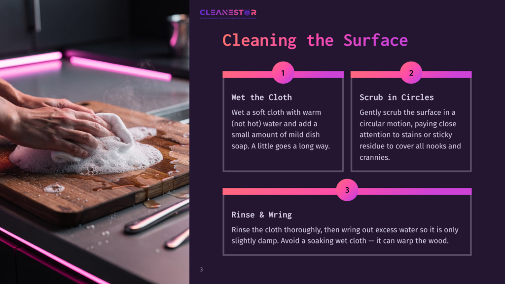 Hands Scrub A Wooden Cutting Board With A Soapy Cloth, Demonstrating Cleaning The Surface With Mild Dish Soap.