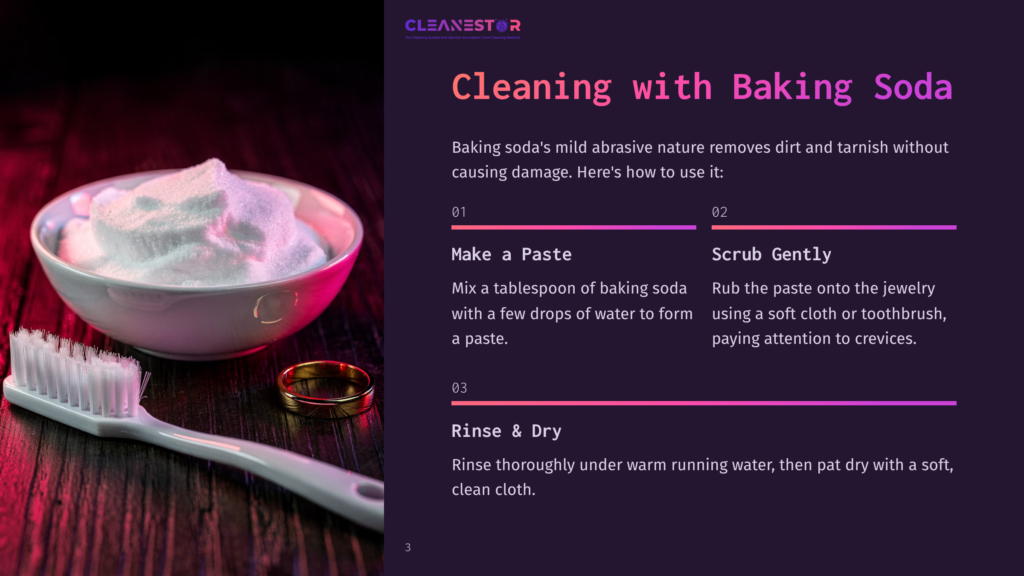 A White Toothbrush And A Gold Ring Sit Next To A Bowl Overflowing With Baking Soda, With A Dark, Moody Background And Pink And Purple Lighting. Text Reads &Quot;Cleanestor&Quot; And &Quot;Cleaning With Baking Soda&Quot;.