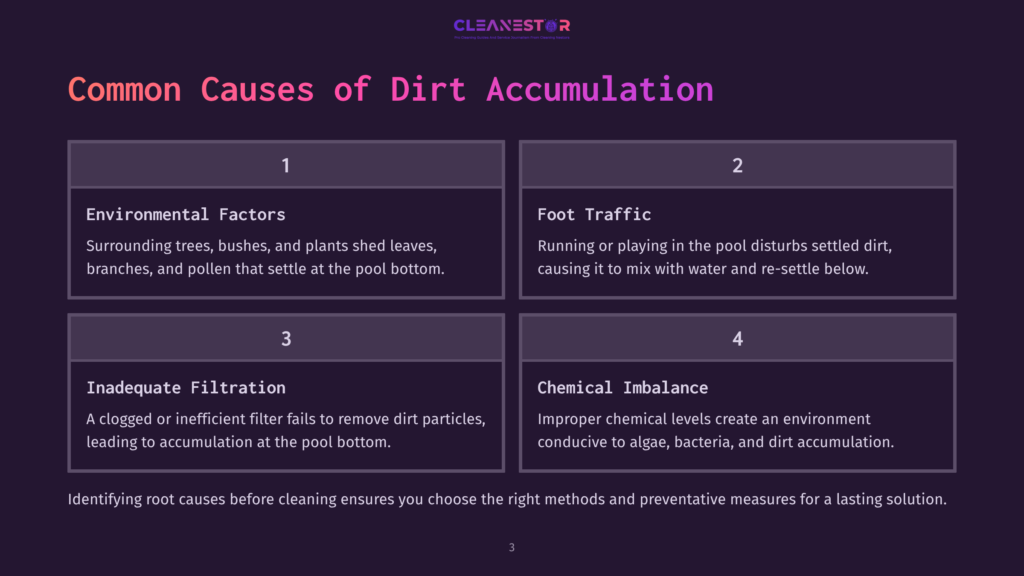 3 Common Causes Of Dirt Accumulation Four Boxed Sections Explain Causes Of Dirt Accumulation In A Pool: Environmental Factors, Foot Traffic, Inadequate Filtration, And Chemical Imbalance.