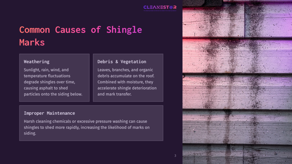 Close-Up Of Weathered, Discolored Siding With Dark Streaks, Likely From Debris And Moisture. Text Overlays Identify Common Causes Of Shingle Marks: Weathering, Debris &Amp; Vegetation, And Improper Maintenance.