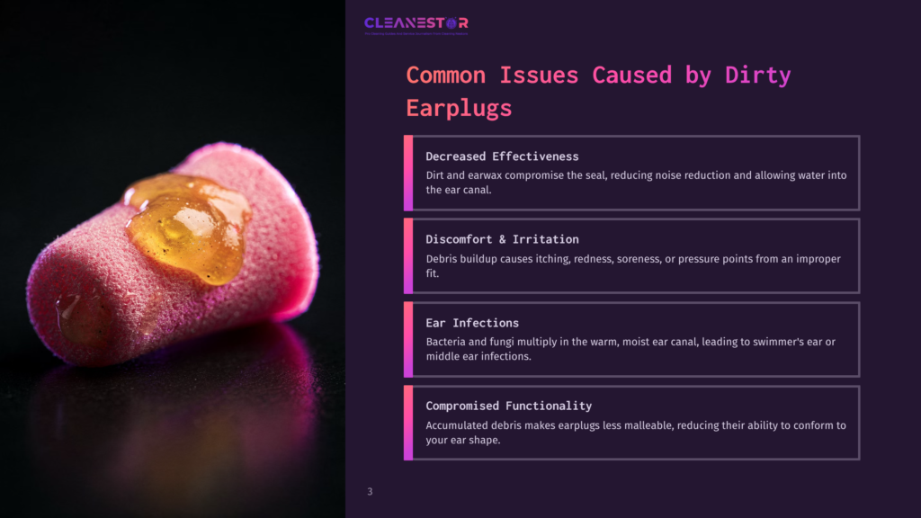 Close-Up Of A Pink Foam Earplug With A Dollop Of Yellow Earwax Or Debris On Top, Illustrating Common Issues Caused By Dirty Earplugs.