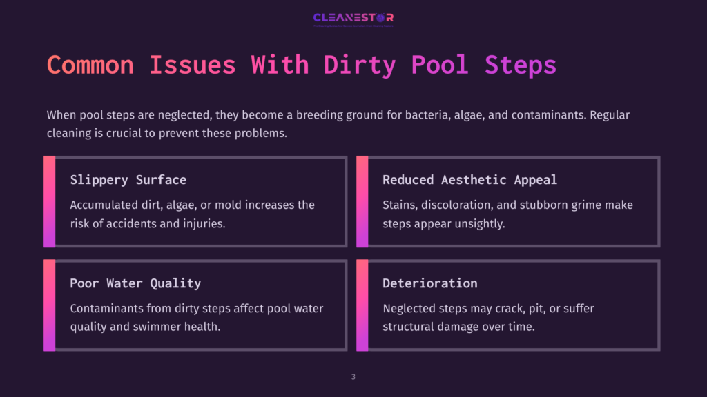 3 Common Issues With Dirty Pool Steps Infographic Titled &Quot;Common Issues With Dirty Pool Steps&Quot; Detailing Four Problems: Slippery Surface, Reduced Aesthetic Appeal, Poor Water Quality, And Deterioration, With Accompanying Descriptions.