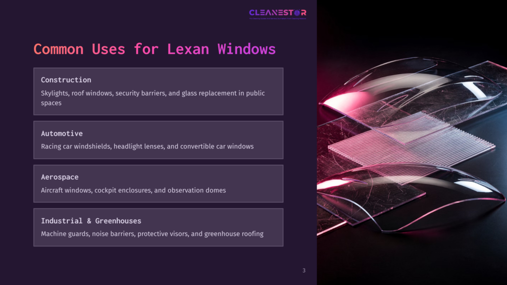 Two Translucent Lexan Sheets Are Layered Artistically Against A Dark Background. Text Boxes Outline Common Uses In Various Industries.