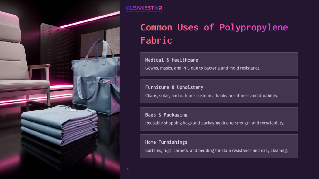 3 Common Uses Of Polypropylene Fabric Cleanestor Logo With Text &Quot;Common Uses Of Polypropylene Fabric&Quot; Over A Background Showing Polypropylene Fabric Items: Stacked Light Blue Folded Garments, A Light Blue Tote Bag, And A Chair With Polypropylene Upholstery.