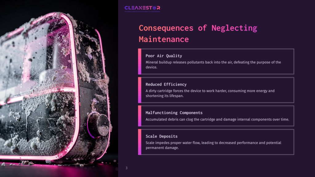 3 Consequences Of Neglecting Maintenance Close-Up Of A Neglected, Dusty Humidifier With Pink Led Lights, Showing Mineral Buildup And Dirt, Illustrating Consequences Of Neglecting Maintenance.