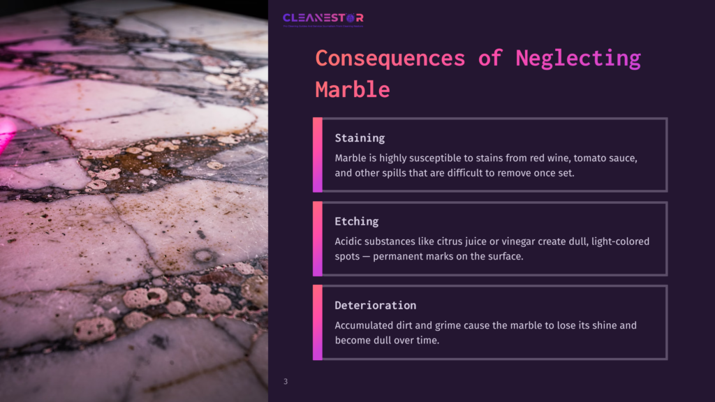 Close-Up Of A Marble Surface With Pink And Purple Lighting, Showing Natural Veins And Imperfections. Text Overlay Reads &Quot;Cleanestor&Quot; And &Quot;Consequences Of Neglecting Marble,&Quot; Detailing Staining, Etching, And Deterioration.
