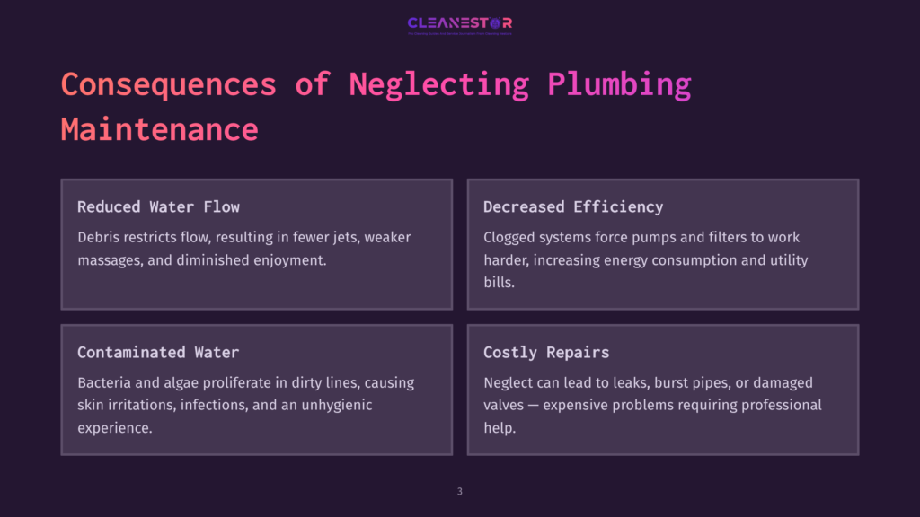 Consequences Of Neglecting Plumbing Maintenance: Reduced Water Flow, Decreased Efficiency, Contaminated Water, And Costly Repairs. Cleanestor Logo At The Top.