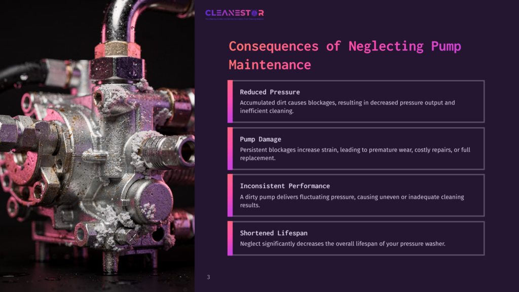 3 Consequences Of Neglecting Pump Maintenance Close-Up Of A Pressure Washer Pump Showing Metal Components And Water Stains, With Purple And Black Background Highlighting Maintenance Tips.