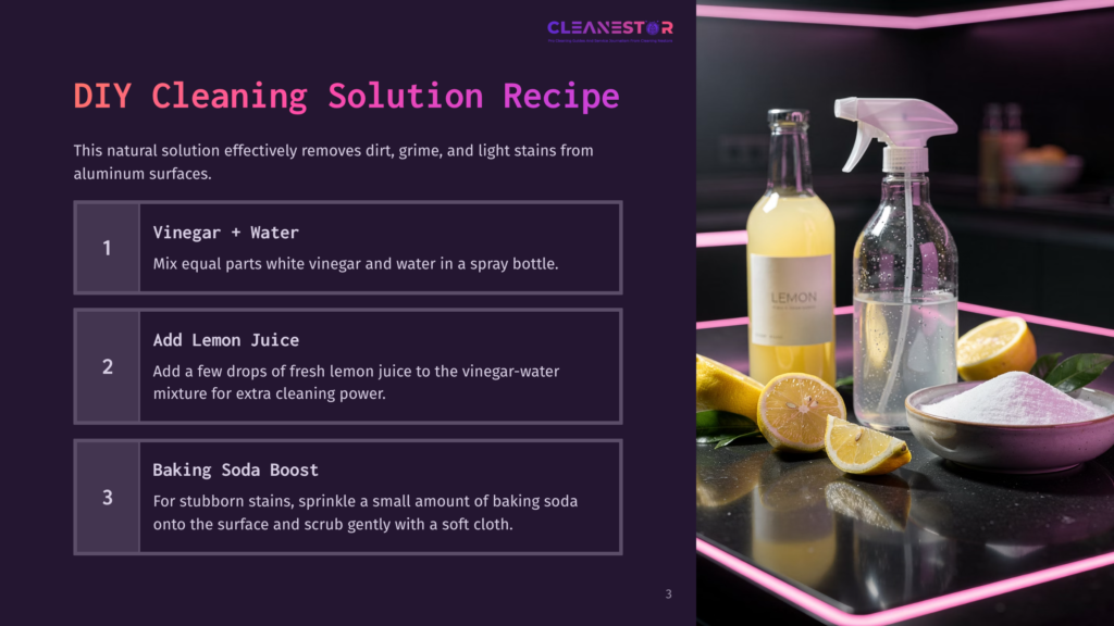 Clear Instructions For A Diy Cleaning Solution, Featuring Vinegar, Lemon Juice, And Baking Soda, With Vibrant Lemon Slices And Bottles.