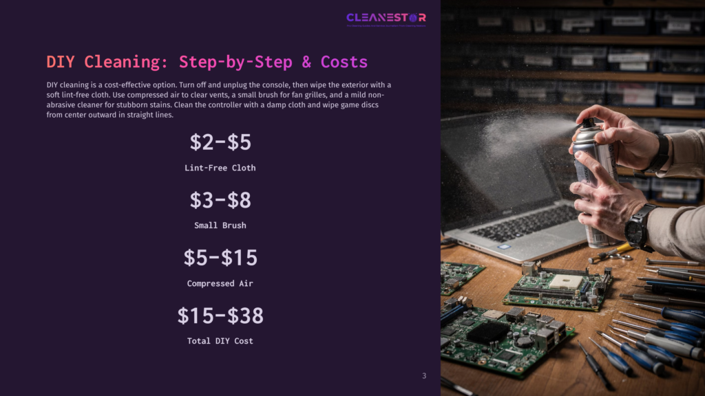 3 Diy Cleaning Step By Step And Costs Close-Up Of Hands Cleaning Computer Components With Compressed Air And A Small Brush. Text Overlay Lists Diy Cleaning Costs: $2-$5 For Lint-Free Cloth, $3-$8 For Small Brush, $5-$15 For Compressed Air, And $15-$38 Total Diy Cost.
