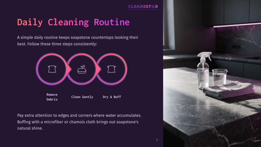 3 Daily Cleaning Routine A Clean Soapstone Countertop Features A Spray Bottle And Cloth, Accompanied By Circular Graphics Illustrating Cleaning Steps.