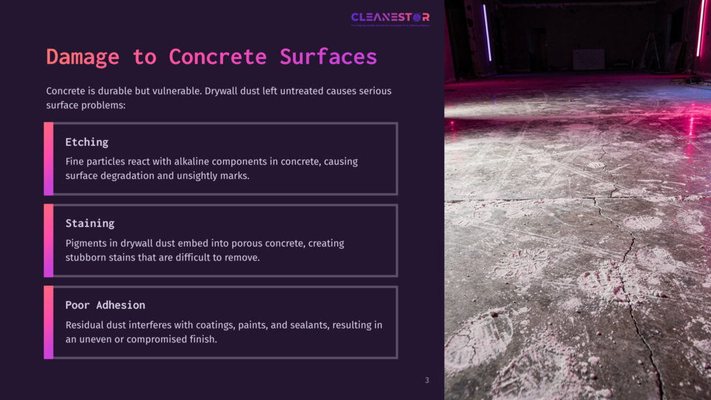 A Concrete Floor In A Dimly Lit Room With Pink And Purple Neon Lights Casting Vibrant Reflections. The Floor Shows Signs Of Damage, With White Dust And Pink Residue Scattered Across Its Surface, Illustrating Concrete Damage And Staining.