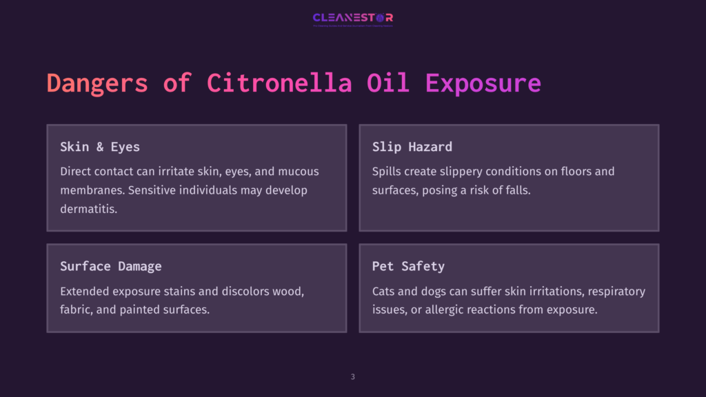 3 Dangers Of Citronella Oil Exposure Dangers Of Citronella Oil Exposure: Skin &Amp; Eyes, Slip Hazard, Surface Damage, And Pet Safety. The Image Highlights Risks Associated With Citronella Oil, Including Skin Irritation, Slippery Surfaces, Surface Damage, And Pet Safety Concerns.