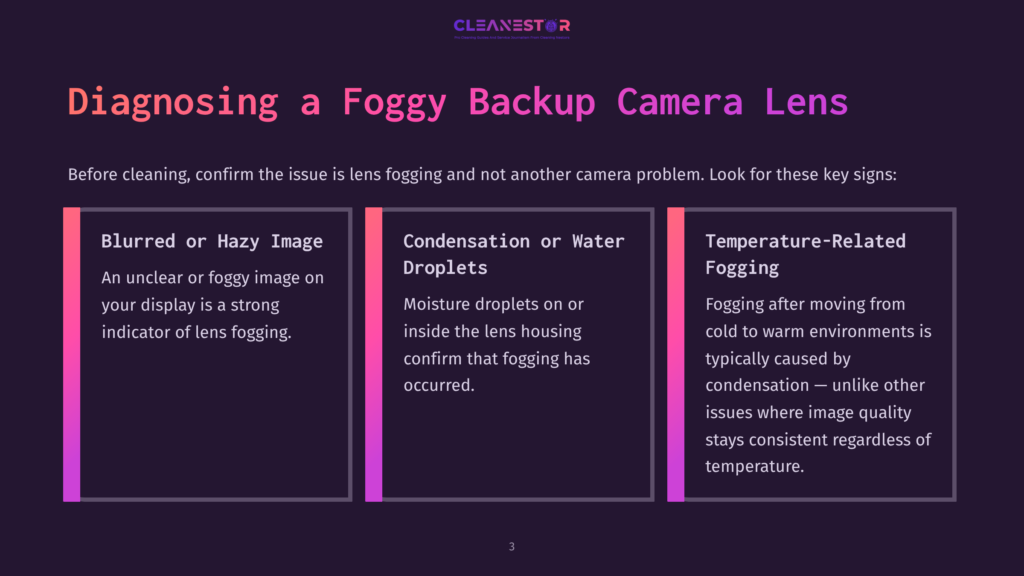 3 Diagnosing A Foggy Backup Camera Lens Four Text Boxes On A Dark Background Outline Signs Of A Foggy Backup Camera Lens, Featuring Headings In Bold And Highlighted Colors.