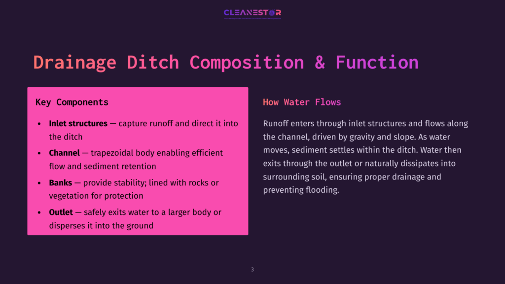 3 Drainage Ditch Composition And Function Slide Titled &Quot;Drainage Ditch Composition &Amp; Function&Quot; From Cleanestor, Detailing Key Components Like Inlet Structures, Channels, Banks, And Outlets, And Explaining How Water Flows And Sediment Settles Within The Ditch.