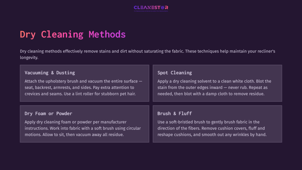 Clean, Organized Infographic With Purple Background; Features Cleaning Methods For Recliners In White Text Boxes With Icons And Instructions.