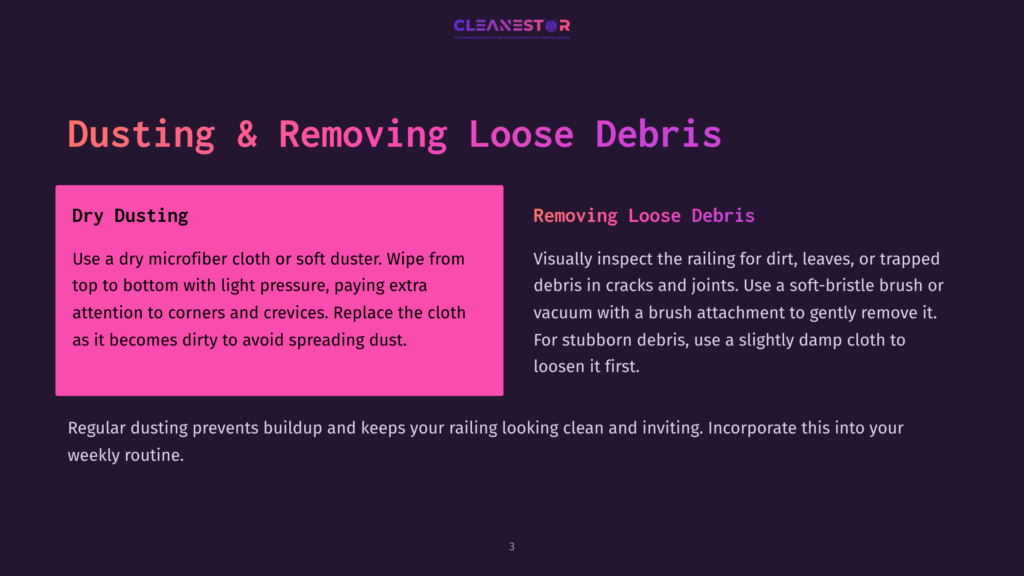 The Cleanestor Logo Is At The Top Of A Dark Purple Background. Below It, The Text &Quot;Dusting &Amp; Removing Loose Debris&Quot; Is In Large, Bold, White Font. The Left Side Of The Page Has A Pink Rectangle With The Heading &Quot;Dry Dusting&Quot; And Instructions On How To Dust. The Right Side Of The Page Has The Heading &Quot;Removing Loose Debris&Quot; And Instructions On How To Remove Debris From Cracks And Joints.