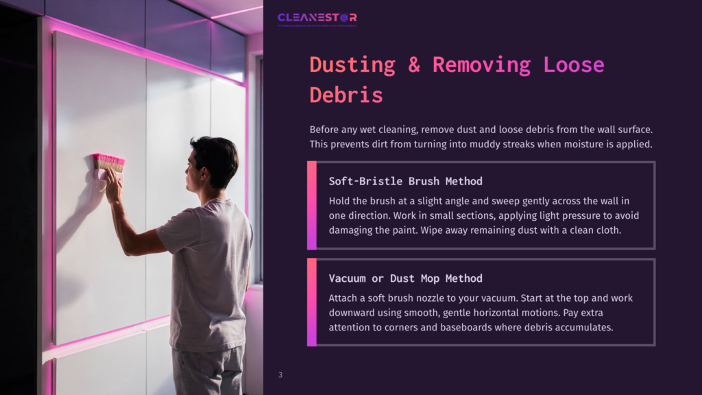 Person Using A Soft-Bristle Brush To Clean A Flat Paint Wall, With A Vacuum And Cleaning Instructions On The Side. Bright Pink Accents.