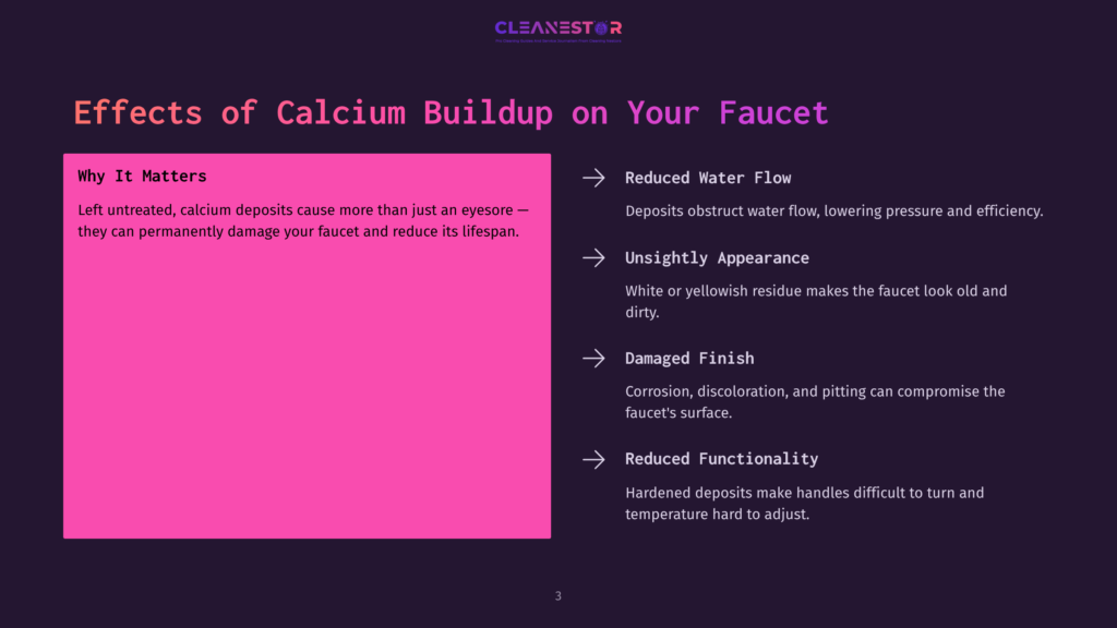 A Bright Pink Box Highlights Reasons To Address Calcium Buildup On Faucets, Listed With Four Bullet Points On A Dark Background.