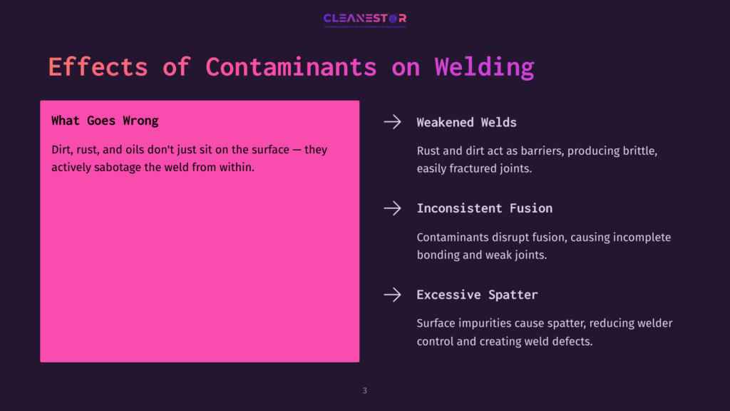 Slide Titled &Quot;Effects Of Contaminants On Welding&Quot; With Text Listing &Quot;What Goes Wrong&Quot; And &Quot;Weakened Welds&Quot;, &Quot;Inconsistent Fusion&Quot;, And &Quot;Excessive Spatter&Quot; With Bullet Points Explaining Each.