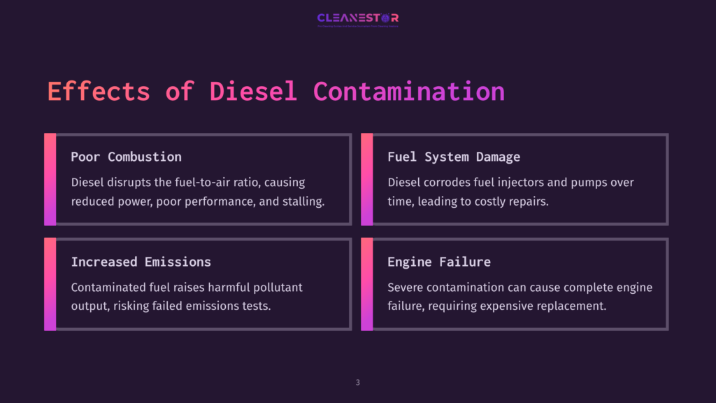 Text On A Dark Background Outlines The Effects Of Diesel Contamination, With Bright Pink And Purple Boxes Highlighting Key Points.