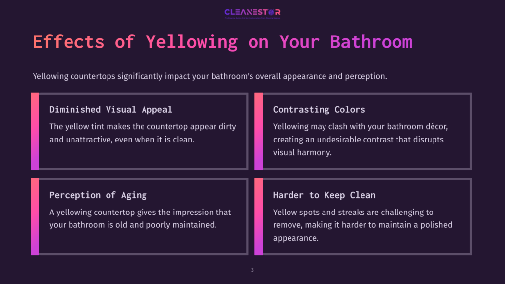 Infographic Titled &Quot;Effects Of Yellowing On Your Bathroom&Quot; Detailing Diminished Visual Appeal, Contrasting Colors, Perception Of Aging, And Difficulty In Keeping Clean Due To Yellowing Countertops.