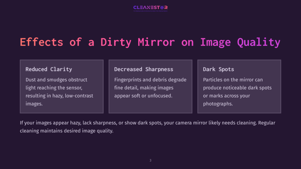 3 Effects Of A Dirty Mirror On Image Quality Infographic Detailing The Effects Of A Dirty Mirror On Image Quality, With Sections On Reduced Clarity, Decreased Sharpness, And Dark Spots.