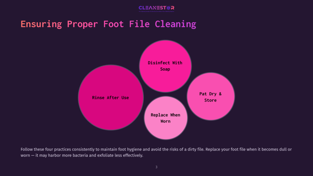 Four Pink Circles On A Dark Background, Detailing Foot File Cleaning Steps: &Quot;Rinse After Use,&Quot; &Quot;Disinfect With Soap,&Quot; &Quot;Pat Dry &Amp; Store,&Quot; And &Quot;Replace When Worn.&Quot;