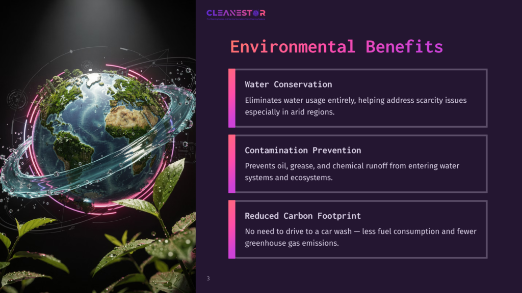 A Vibrant, Glowing Earth With Water Rings And Green Foliage, Symbolizing Environmental Benefits Like Water Conservation, Contamination Prevention, And Reduced Carbon Footprint. Text Reads Cleanestor Environmental Benefits.