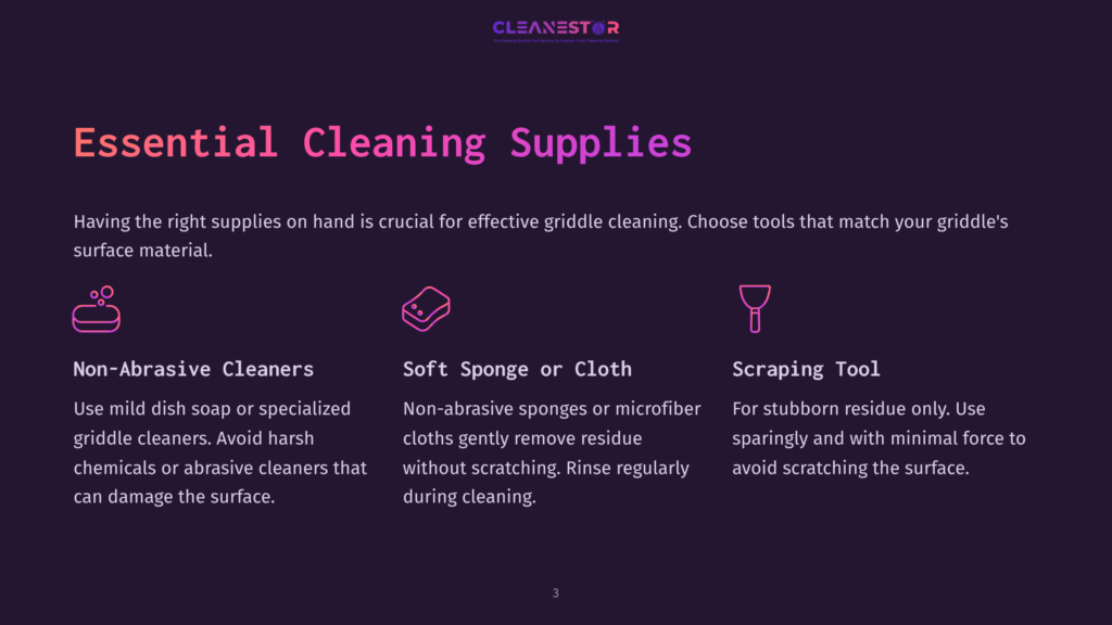 List Of Cleaning Supplies For Griddles, Featuring Headings In Bold Pink Text. Includes Non-Abrasive Cleaners, Sponges, And A Scraping Tool.