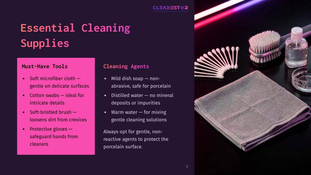 3 Essential Cleaning Supplies 3 Essential Cleaning Supplies Including Microfiber Cloths, Cotton Swabs, Soft-Bristled Brushes, Protective Gloves, Cotton Swabs, And Cleaning Agents Are Artfully Arranged On A Dark, Reflective Surface.