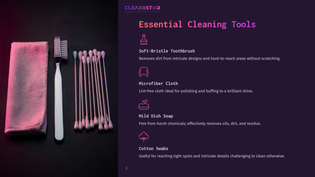 A Soft-Bristle Toothbrush, Microfiber Cloth, Mild Dish Soap, And Cotton Swabs Arranged Neatly, Set Against A Dark Background With Purple Accents.