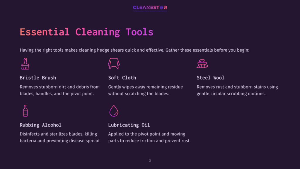 Four Essential Cleaning Tools For Hedge Shears, Including A Bristle Brush, Soft Cloth, Steel Wool, And Rubbing Alcohol, On A Purple Background.