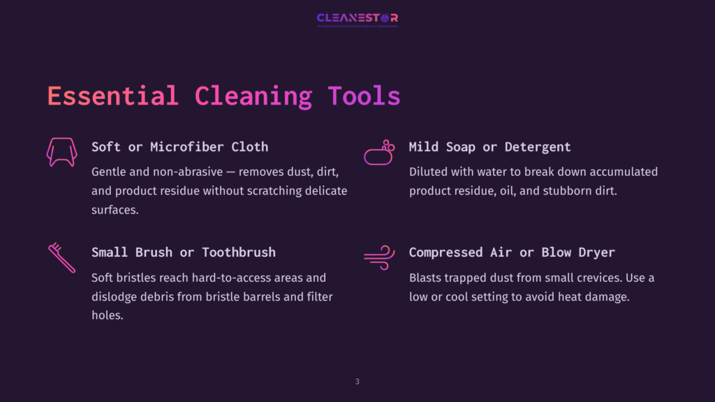 3 Essential Cleaning Tools 2 Essential Cleaning Tools Graphic With Icons And Descriptions For Soft Microfiber Cloth, Mild Soap Or Detergent, Small Brush Or Toothbrush, And Compressed Air Or Blow Dryer. Text Reads &Quot;Cleanestor Pro Cleaning Service.