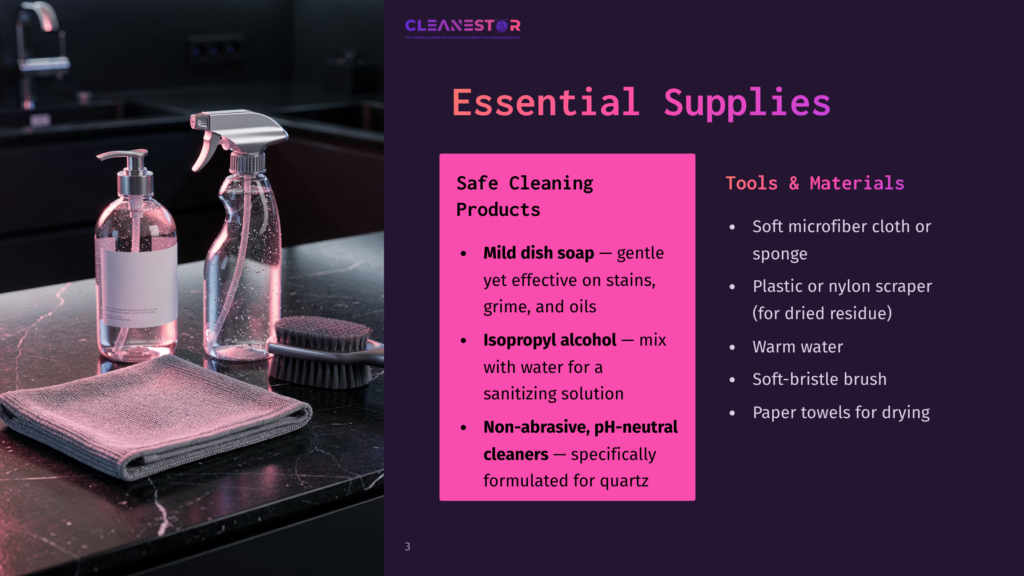 A Countertop Scene Featuring Cleaning Supplies: A Spray Bottle, Dish Soap, Alcohol, A Sponge, And Towels, Over A Dark Quartz Surface.